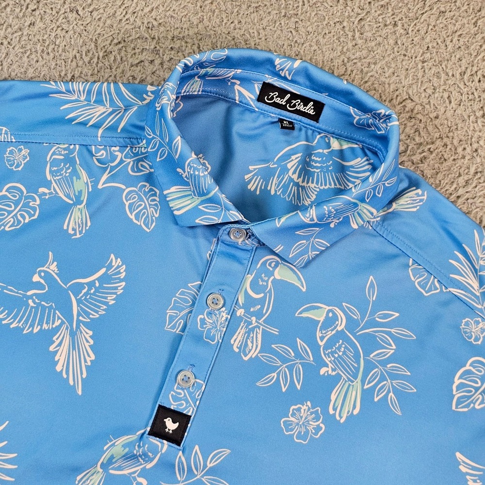 Bad Birdie Polo Shirt Mens XL Blue Tropical Bird Print Golf Performance Stretch